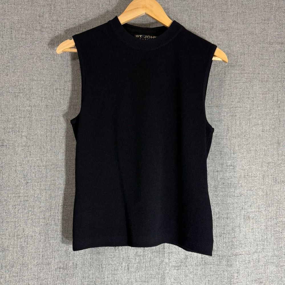 St John Basics Women Top Small Black Santana Knit Sleeveless Tank Shoulder Zip